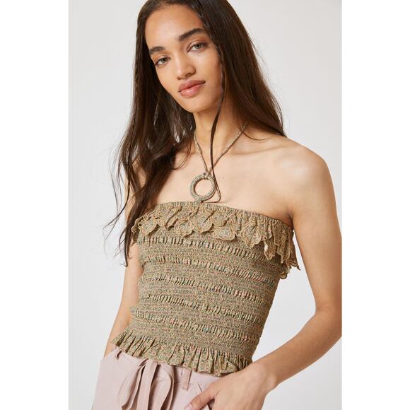 Anthropologie Let Me Be Smocked Halter Crop Top - New Size XL - Picture 1 of 6